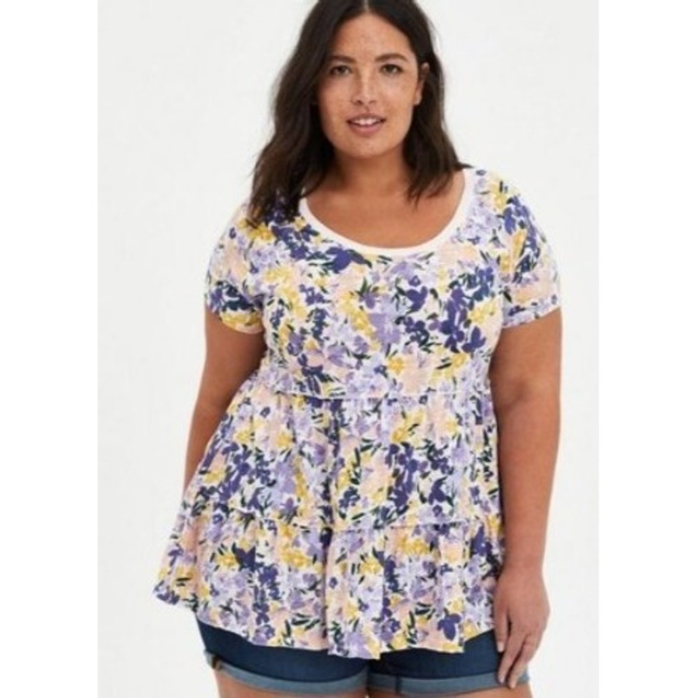 Torrid Purple Yellow Floral Tiered Babydoll Top Short Sleeve Plus Size 1 XL